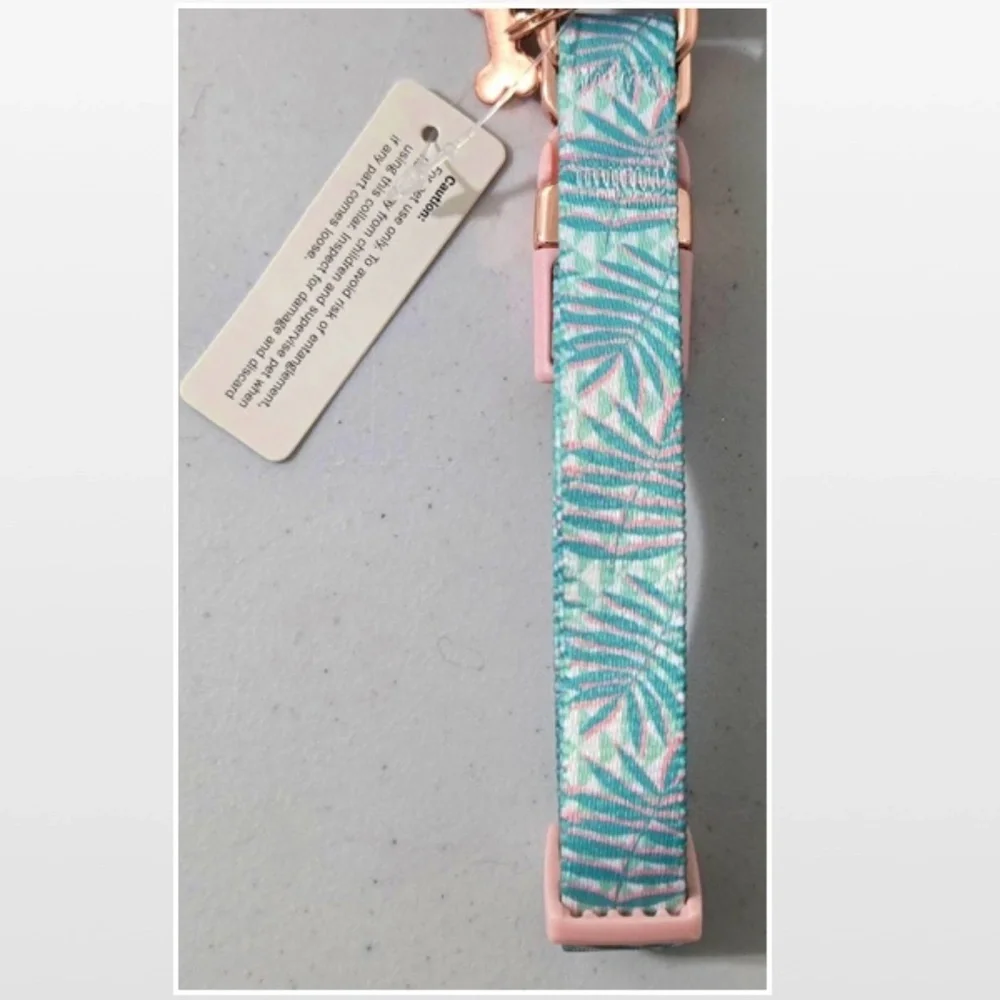New Dog Collar Small Adjustable Pet Animal Green Tropical Leaves Pink NWT